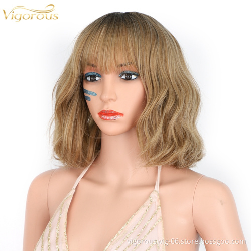 Cosplay Daily Use Wavy Short Bob Neat Bang Shoulder Length Curly Synthetic Heat Resistant Fiber Ombre Blonde color Wig for women